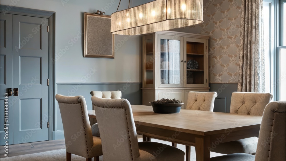 Poster An inviting dining room featuring a rectangular table in a light taupe finish surrounded by beige upholstered chairs. A statement chandelier hangs above casting a warm glow on the