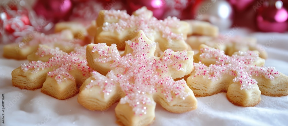 Poster snowflake shaped christmas shortbread cookies with sprinkles on a festive backdrop of pink and silve