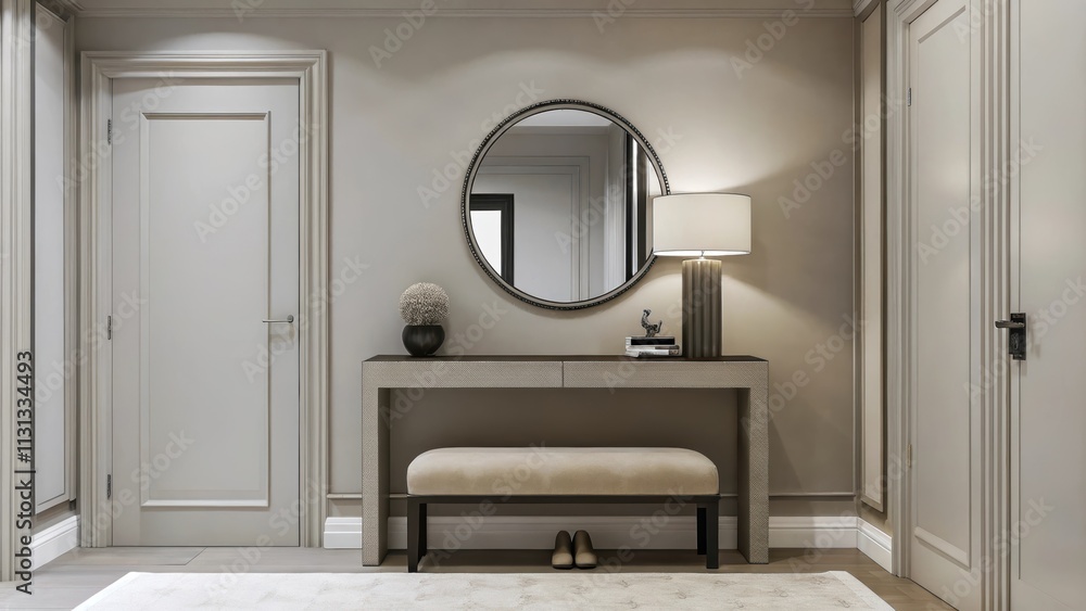 Fototapete a sophisticated entryway featuring a taupe console table with minimal decorative items set against a