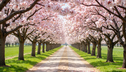 Fototapeta premium Blossoms illuminate a serene path lined with cherry trees in springtime harmony