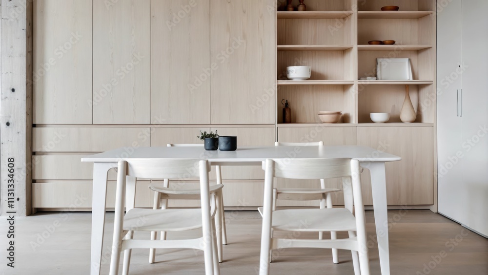 Poster a minimalist kitchen characterized by clean lines and pale wood cabinetry. a simple white dining tab