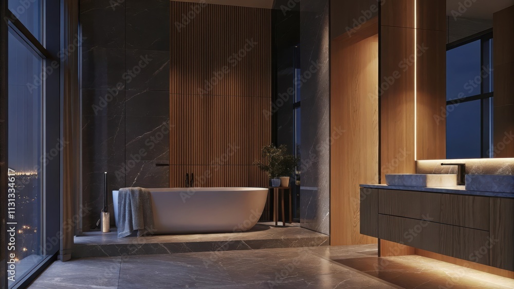 Aufkleber An elegant bathroom adorned in marble tiles with a freestanding tub positioned beneath a large window. The muted color scheme is enhanced by textured towels draped neatly and a
