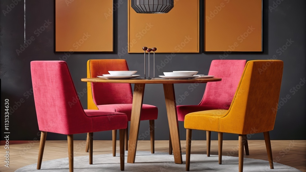 Poster an elegant dining area showcases a round wood table set with creamcolored dinnerware surrounded by t