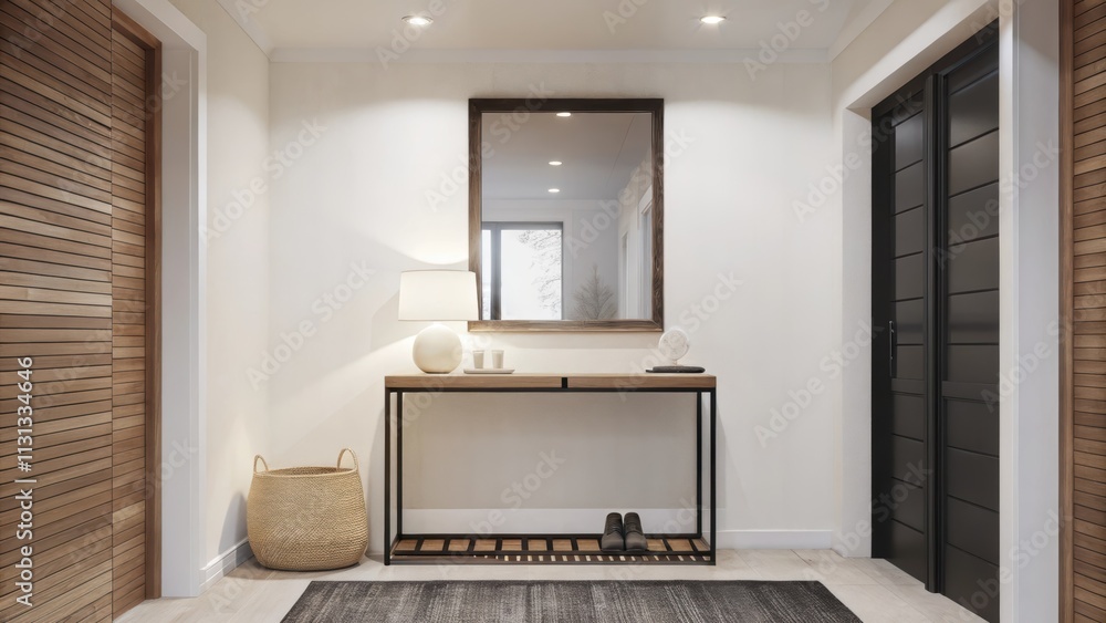 Aufkleber An elegant entryway with a simple console table topped with a minimalist lamp and a small framed art piece. A large mirror reflects the soft glow of ambient lighting while a woven