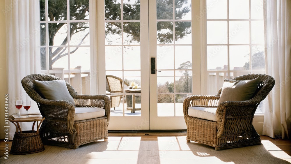 Poster a tranquil sunroom features a pair of rattan chairs with plush cushions surrounded by sliding glass 
