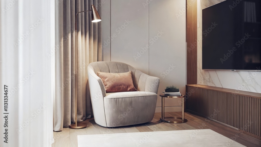 Poster a cozy reading nook with a plush oversized armchair in neutral fabric facing a minimalist marble fir