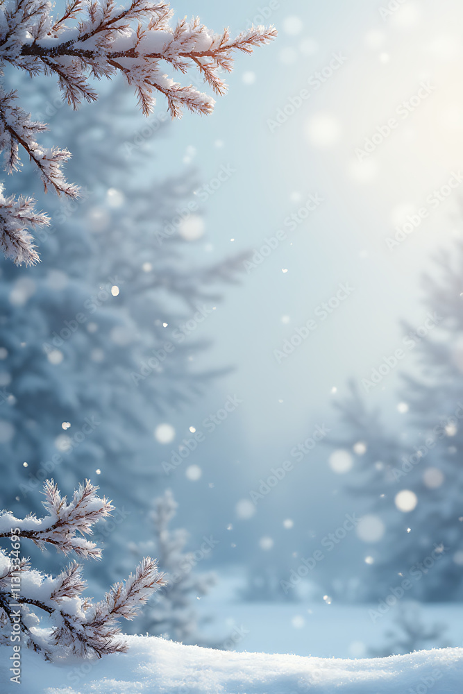 Poster a marble textured background features a serene winter scene with gentle snowflakes falling softly in