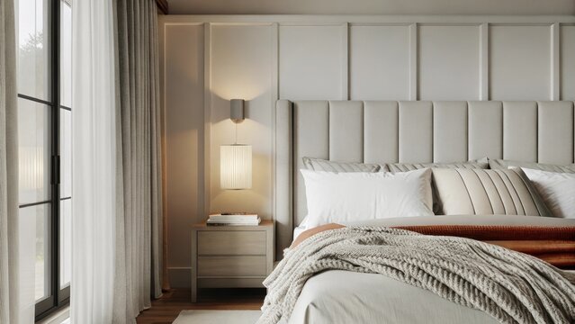 A serene bedroom showcasing a tufted headboard in soft taupe layered with cream and terracotta bedding. A pair of bedside tables hold glowing lanterns and a textured knit throw