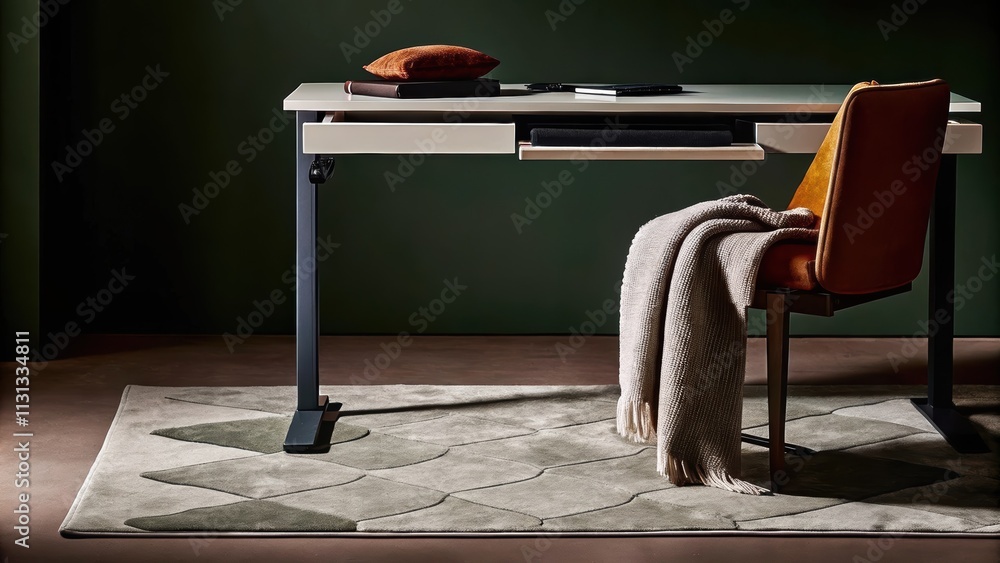 Poster a stylish home office showcases a modern desk set on a luxurious patterned rug. a collection of colo