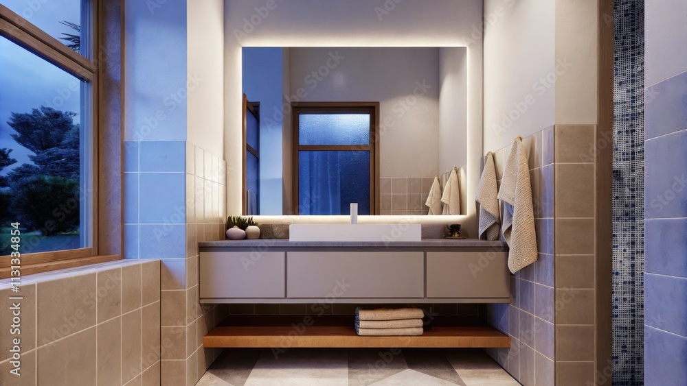 Aufkleber A soothing bathroom is designed with cream ceramic tiles and a taupe vanity featuring a large mirror that enhances the soft lighting while decorative touches like beige towels add