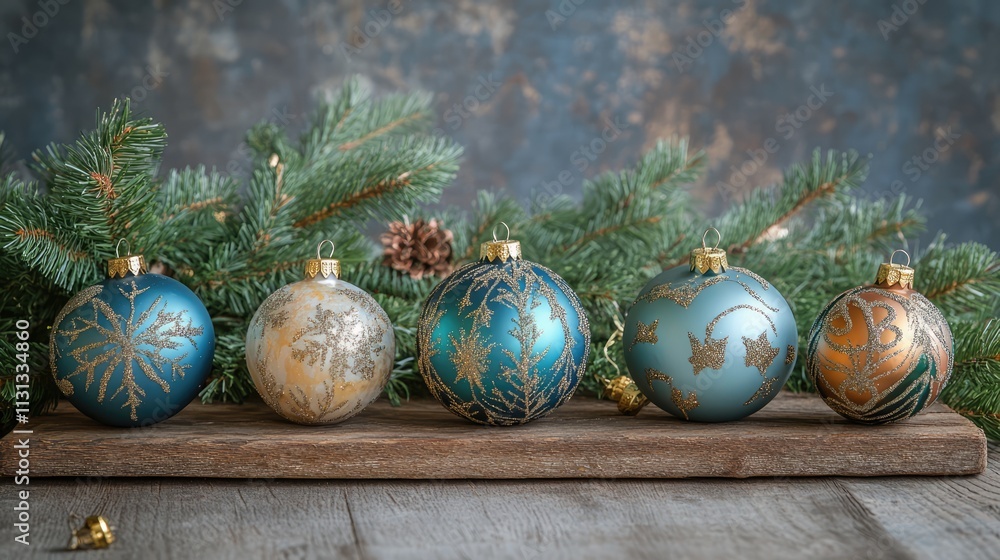 Poster elegant christmas tree ornaments arranged on a rustic wooden board with evergreen branches and pine 