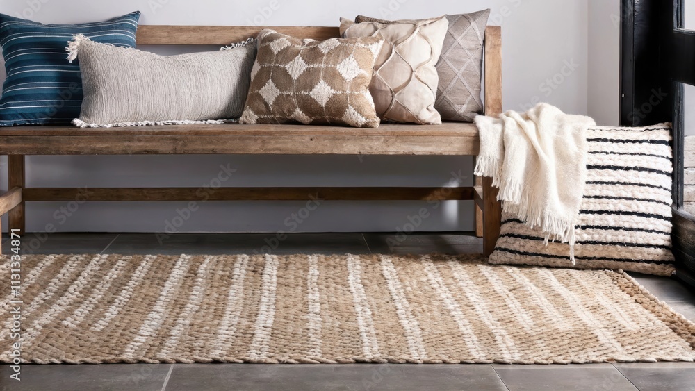 Aufkleber A stylish entryway showcases a large woven area rug layered beneath a wooden bench. A multitude of decorative cushions in various patterns and soft fabrics lines the back of the