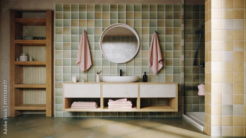 Poster a refreshing bathroom designed in soft seafoam green tiles a minimalist white vanity with a round mi