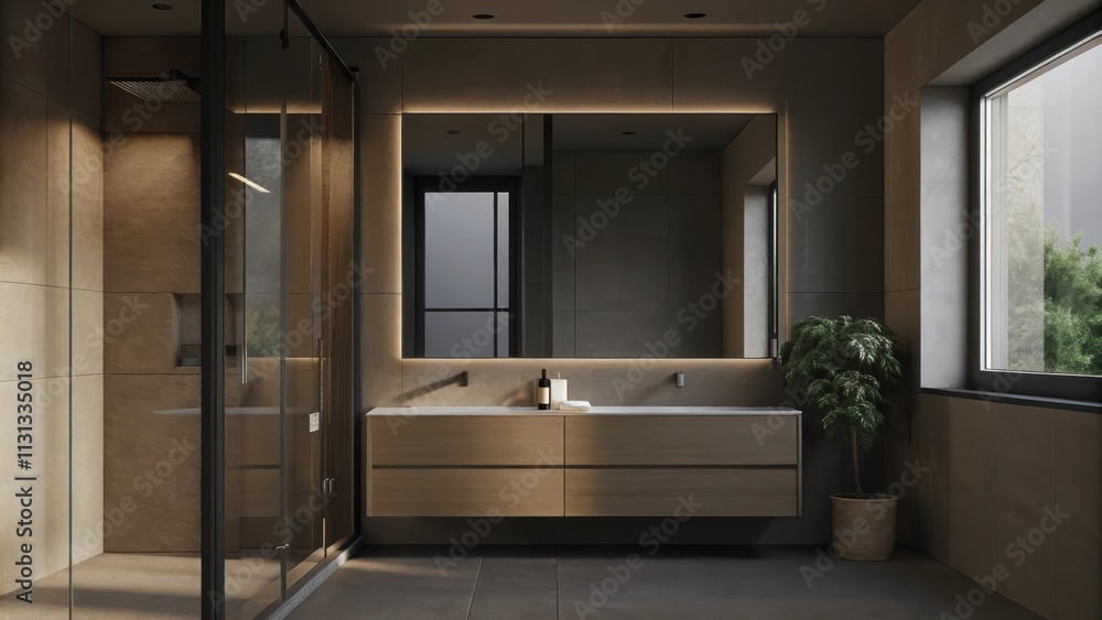 Poster A tranquil bathroom with a frameless glass shower a floating vanity and a large mirror. Earthy tones dominate complemented by a single potted plant on the counter.
