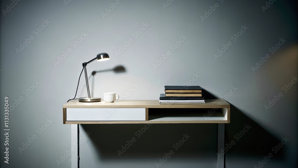 Poster a small bright corner of a room with pale gray walls. a floating wooden shelf holds a few neatly sta