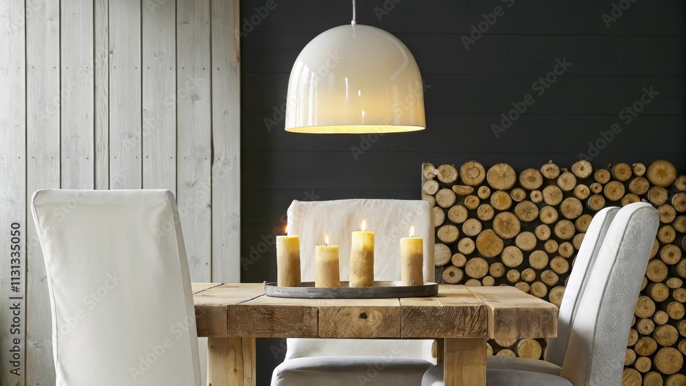 Poster a dining area with a rustic wooden table surrounded by simple upholstered chairs. a single pendant l