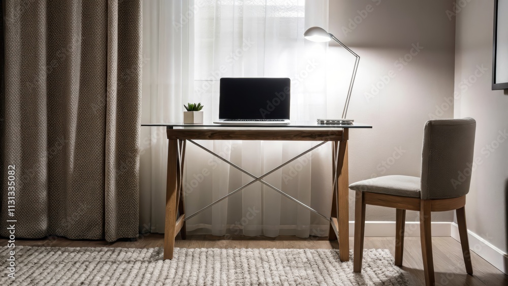 Poster A serene home office lit by a soft overhead light featuring a glass desk that holds a closed laptop and a small succulent. The floor is covered in a light textured rug enhancing