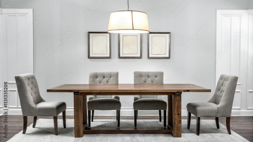 Poster A dining area with a rectangular wooden table surrounded by upholstered chairs in a subtle cohesive color palette. A large pendant light hangs above casting a warm glow over a