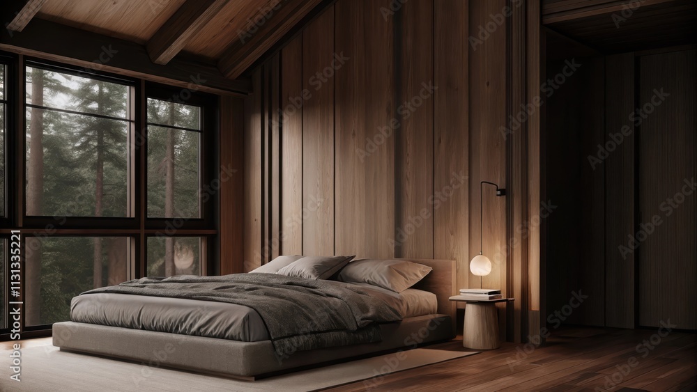 Poster A serene bedroom with a low platform bed in muted gray soft linen bedding and a large window that frames a view of gentle trees with only a single minimalist lamp on a slim