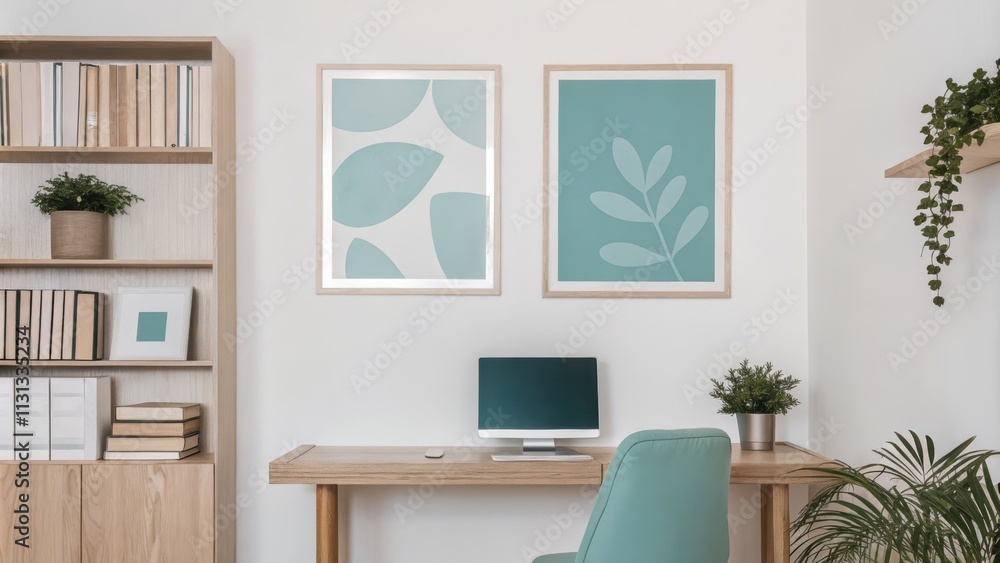 Poster a bright home office with clean white walls displaying graphic prints a sleek desk set against the w