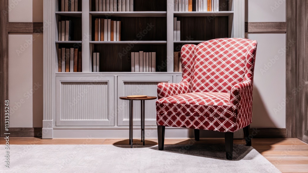 Poster a comfortable reading nook featuring a single geometric accent chair in bold fabric next to a simple