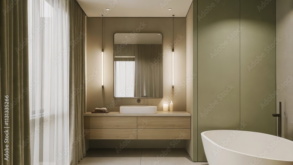 Poster a modern bathroom with a floating vanity in pale wood a simple mirror with soft backlighting and a f