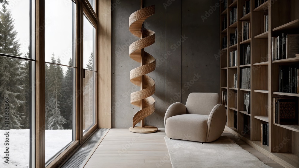Aufkleber a cozy reading nook with a tall twisted wooden sculpture standing beside a simple plush armchair. th