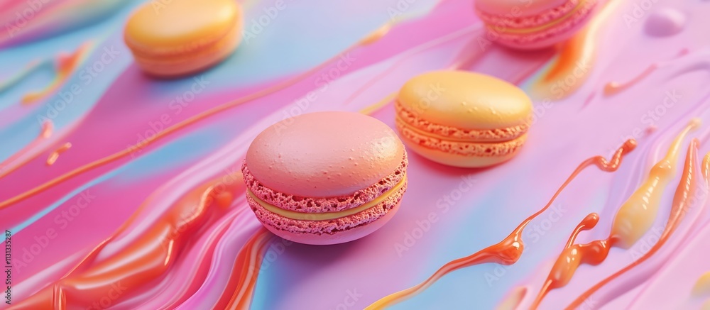 Aufkleber Delicious colorful macarons displayed on a vibrant abstract background creating a visually appealing dessert scene
