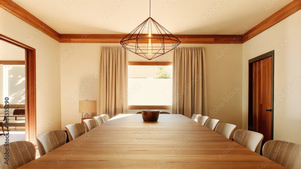 Poster an airy dining room with a long rectangular wooden table in the center surrounded by evenly spaced m