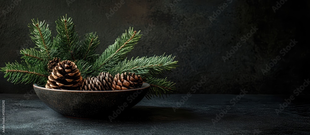 Poster elegant christmas still life with spruce branch and pine cones in a dark setting highlighting festiv