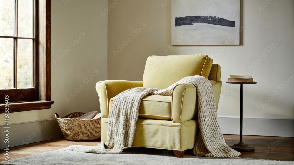 Poster an inviting reading nook nestled in a corner furnished with a pale yellow armchair and a knitted thr