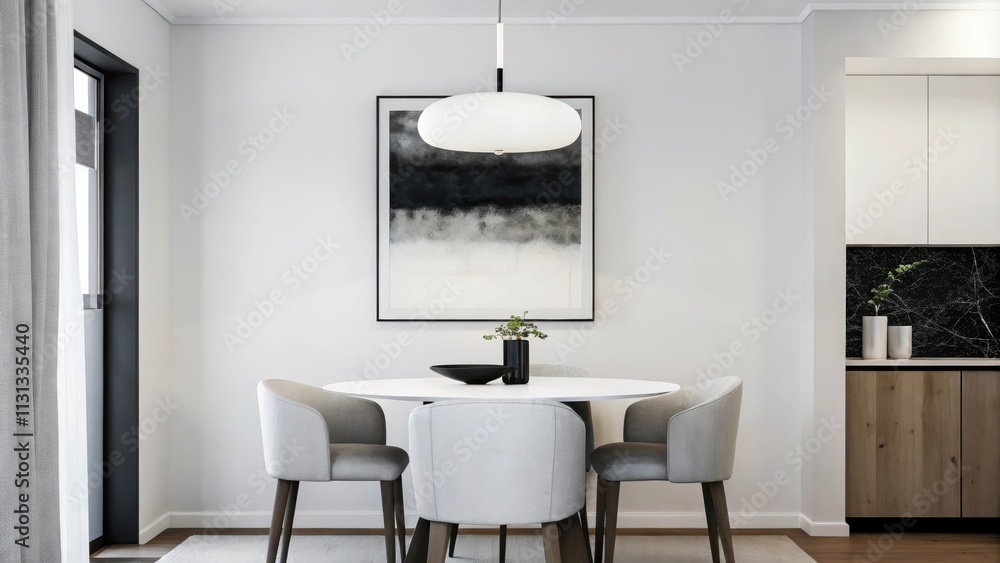 Poster A sleek dining area with a clean white table set for two illuminated by a single overhead pendant light where a striking monochromatic artwork hangs directly opposite creating a