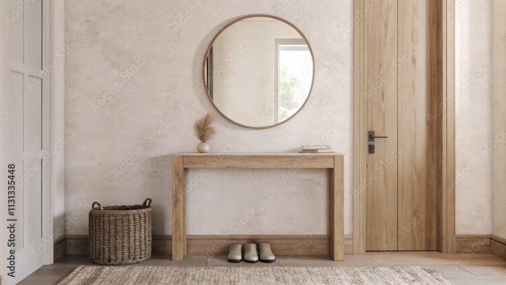 Poster An inviting entryway showcasing a minimalist console table in light wood set against textured cream plaster walls with a large round mirror reflecting filtered sunlight and a woven