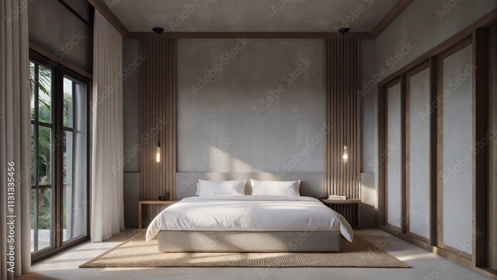 Poster a serene bedroom with a platform bed dressed in crisp white linens flanked by textured plaster walls