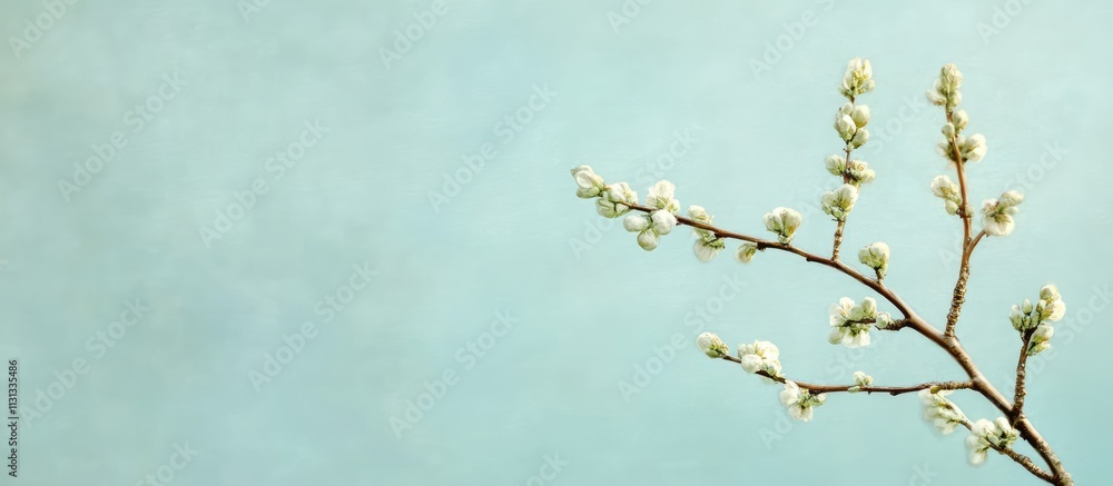Poster Blossoming Branch on Soft Blue Background Symbolizing New Beginnings and Growth in Nature