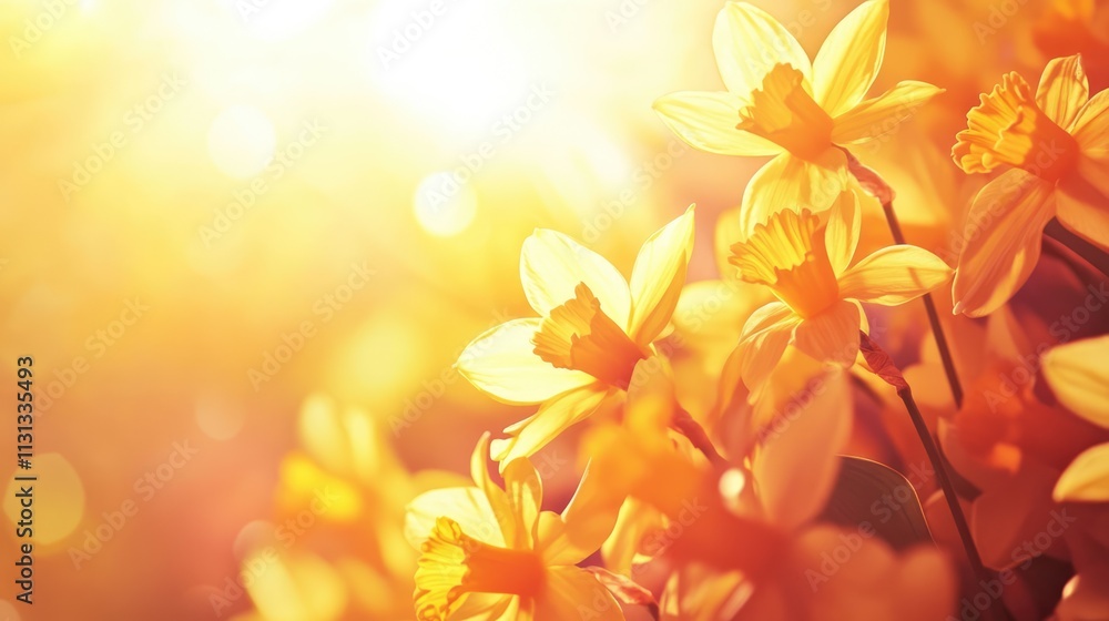 Poster daffodils illuminated by morning sunlight creating a vibrant spring floral background with soft boke