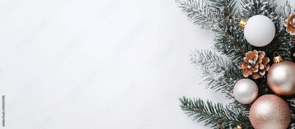 Poster christmas wreath decorated with ornaments and pinecones on a white background creating a festive hol