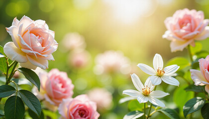 Vibrant garden blooms under soft sunlight showcasing pink roses and delicate white flowers in a serene nature setting