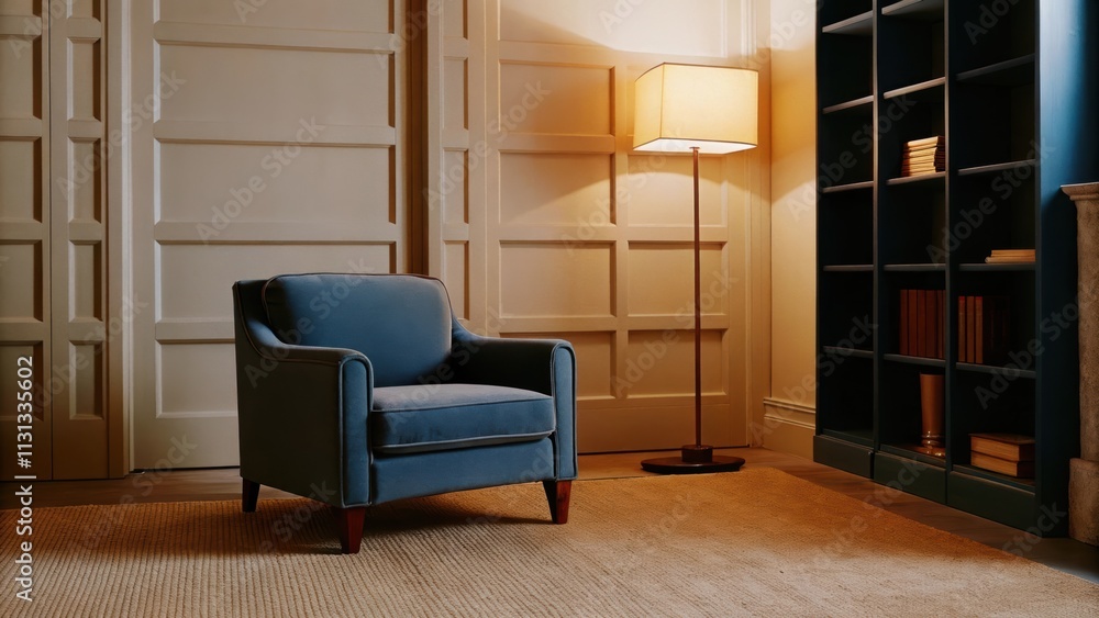 Poster a cozy reading nook showcases a single streamlined armchair upholstered in deep blue positioned next