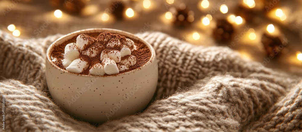 Poster cozy cocoa drink with marshmallows and cacao on sweater background surrounded by ambient lights for 