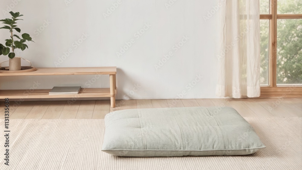 Poster A meditative corner featuring a simple floor cushion on a neutral tatami mat a low wooden bench and a small wall shelf with a selection of curated greenery all bathed in soft