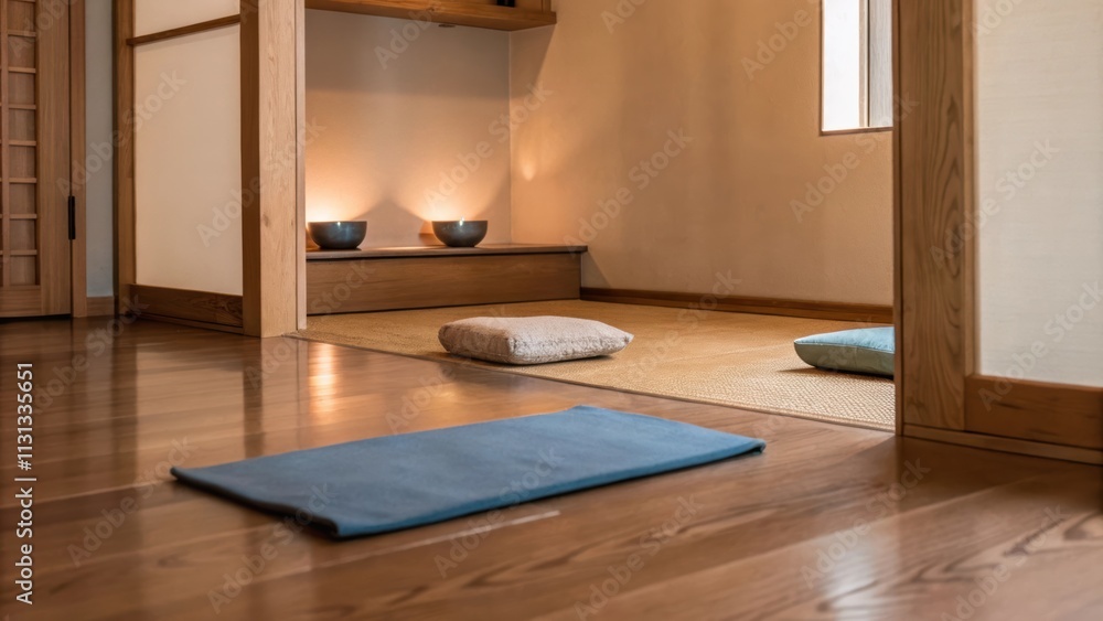 Poster a serene meditation space with a soft mat on the polished wood floor surrounded by a few carefully p