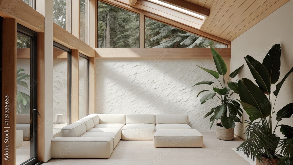 Poster A calming sunroom adorned with a large plush sectional sofa in soft cream arranged against textured offwhite plaster walls with large potted plants and minimalist decor creating an