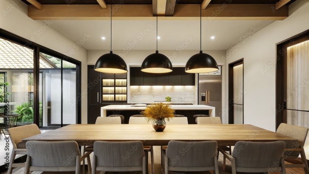 Poster An airy dining area with a rectangular light wood table surrounded by chairs that complement the tables simplicity. Above a of symmetrical pendant lights hang casting a warm glow