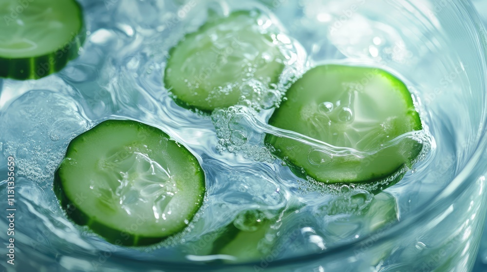 Poster refreshing cucumber slices in sparkling water promoting hydration and healthy drinking options for a