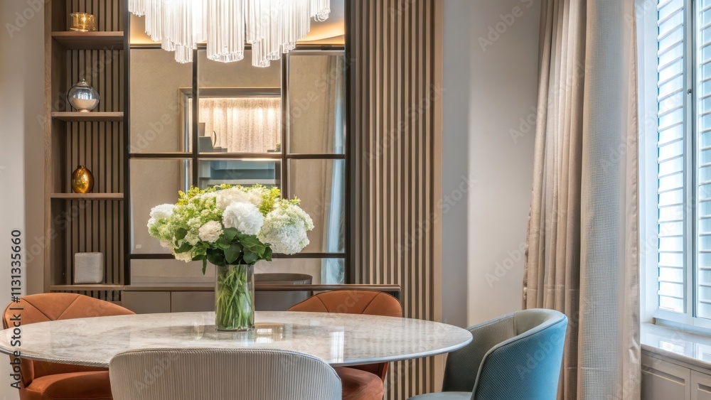 Poster an airy dining area with a round marble table surrounded by cushioned chairs in muted tones compleme