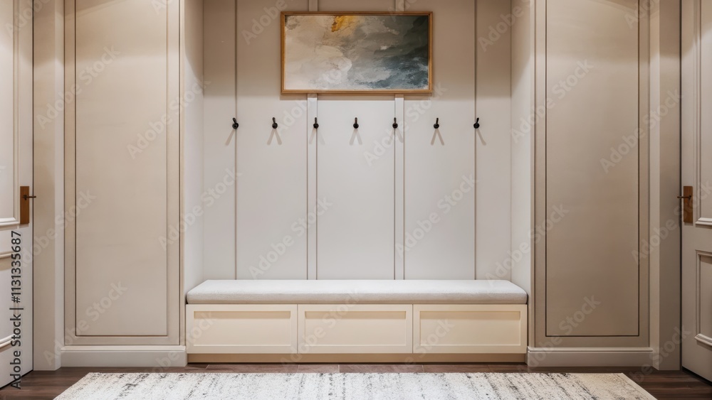 Poster A stylish entryway with a clean white bench a small accent rug and a wall lined with hooks for coats. A tasteful abstract painting hangs above setting a refined yet minimalist tone