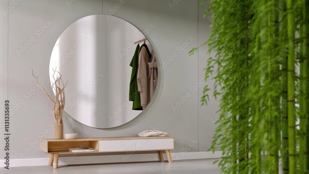 Poster A stylish entryway features a streamlined bench with hidden storage and a large round mirror that enhances the sense of space. An eyecatching modern coat rack made of natural wood