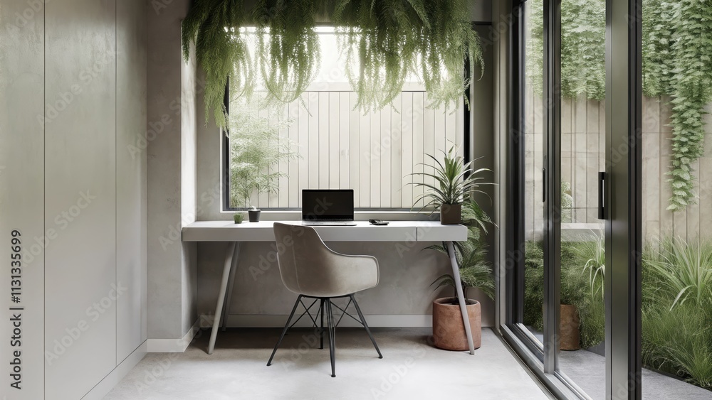 Poster a sleek home office with a minimalist desk and chair set against a backdrop of hanging epiphytic pla