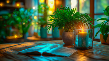 Obraz premium Cozy Winter Scene Featuring Candlelight and Holiday Decor.